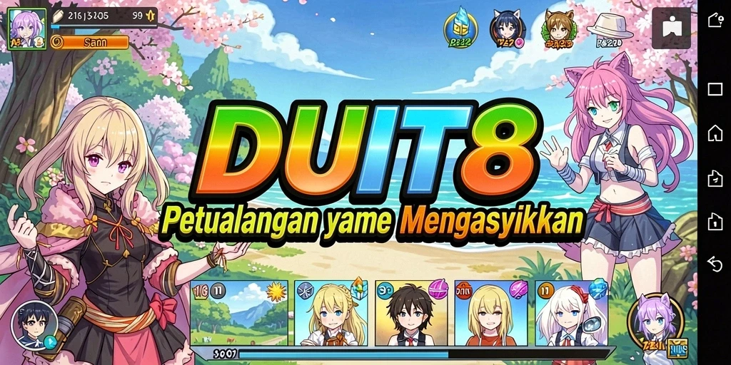 Tangkapan layar utama DUIT8 menampilkan aksi seru dalam dunia anime.