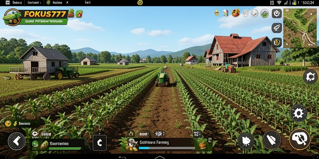 Screenshot utama FOKUS777 yang menunjukkan aktivitas pertanian yang menyenangkan.