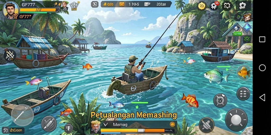 Screenshot gameplay GF777 menampilkan petualangan memancing yang mendebarkan.