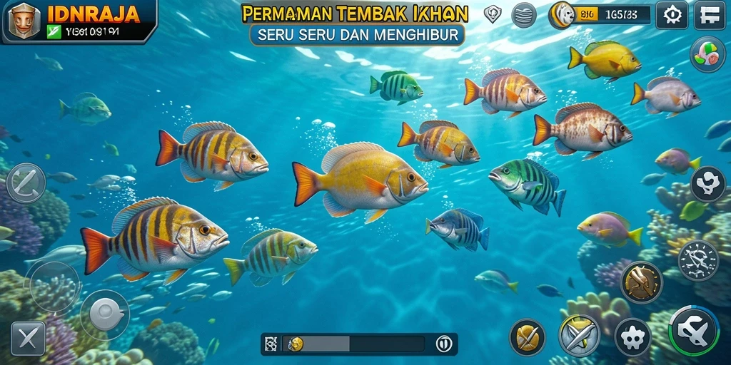 Tampilan gameplay IDNRAJA yang menampilkan momen menangkap ikan.