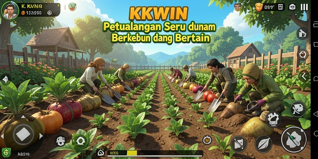 Screenshot KKWIN menunjukkan aksi seru bertani dengan kebun indah dan hewan lucu.