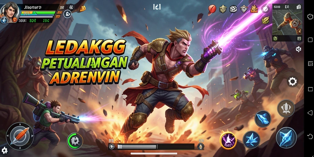 Screenshot menampilkan aksi seru dalam LEDAKGG dengan berbagai karakter dan musuh.