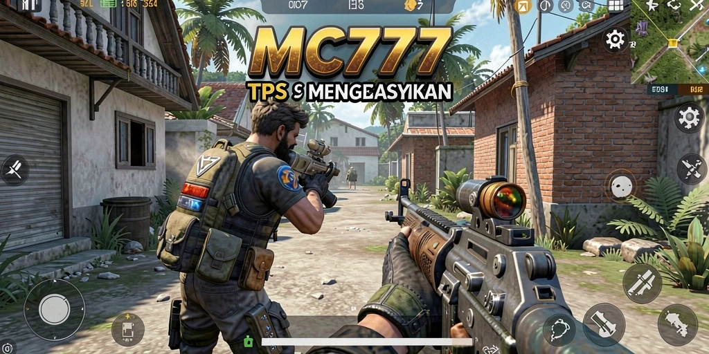 Screenshot gameplay MC777 menampilkan pertempuran seru di arena TPS.