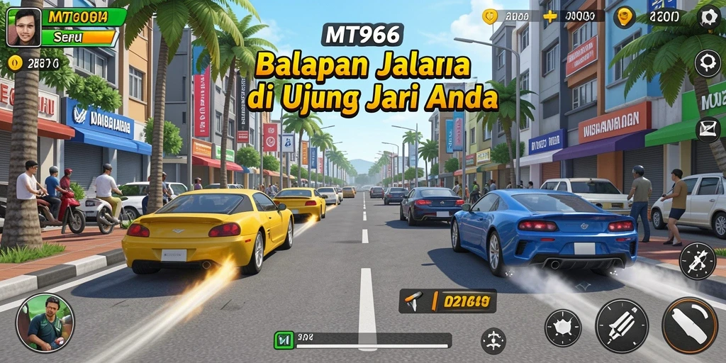 Screenshot MT966 menampilkan aksi balapan mendebarkan dengan mobil cepat.