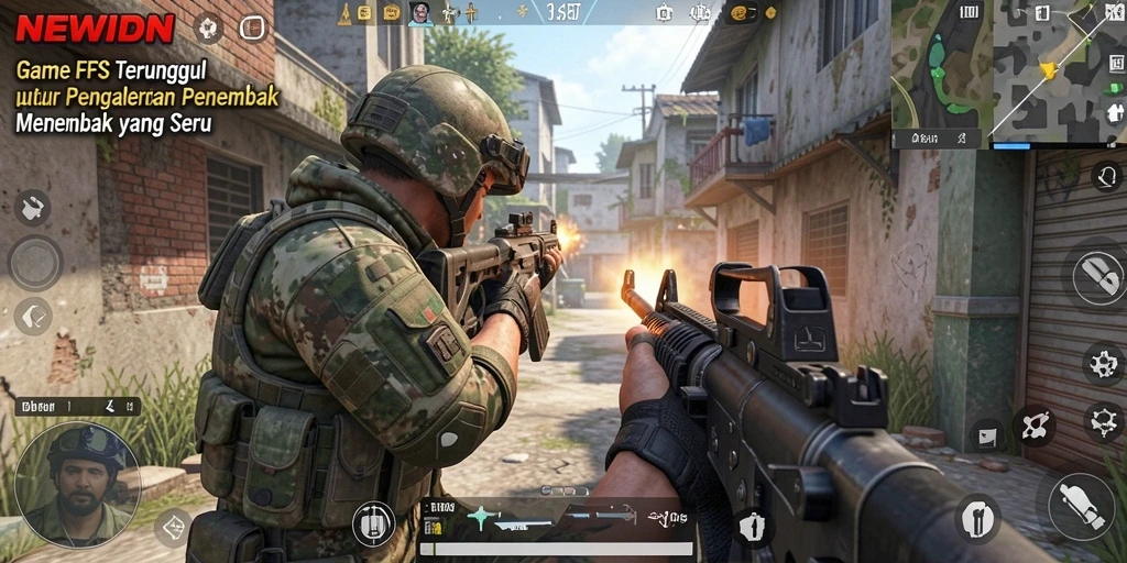 Screenshot gameplay <strong>NEWIDN</strong> yang menampilkan aksi tembak-menembak yang intens.