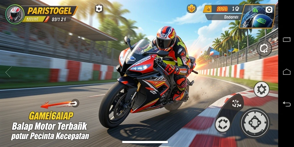 Screenshot gameplay PARISTOGEL menampilkan aksi balap motor yang seru.