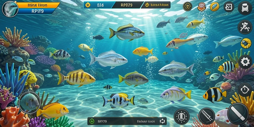 Tampilan gameplay seru dalam RP79, menembak ikan dengan variasi senjata.