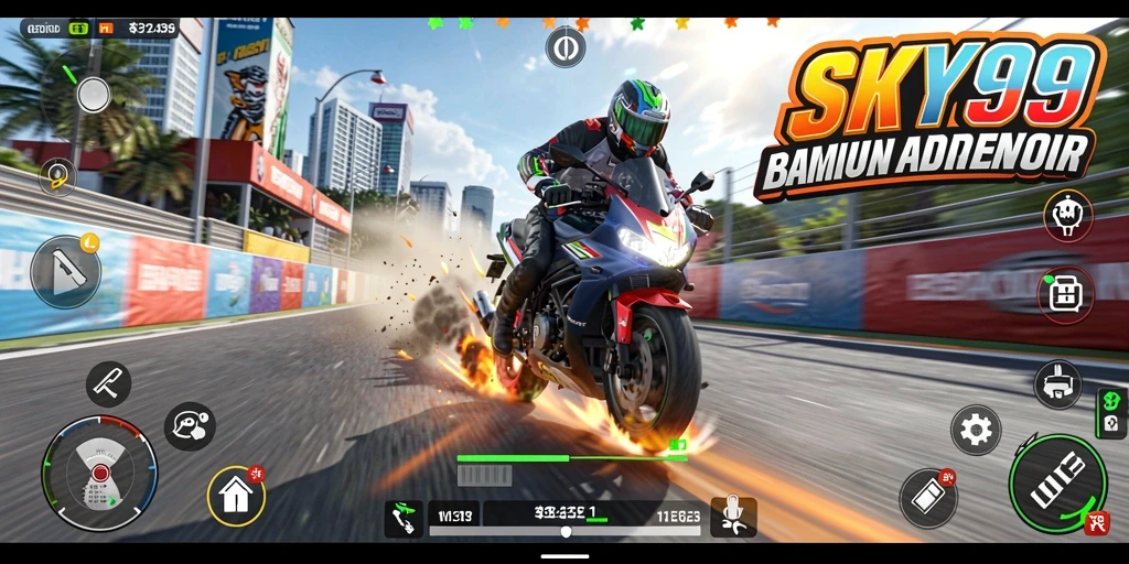 Menampilkan gameplay intens balapan motor dalam <strong>SKY99</strong>.